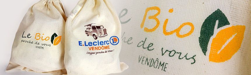 Sacs vrac bio GOTS, personnalisés par impression textile pour E.Leclerc Vendôme