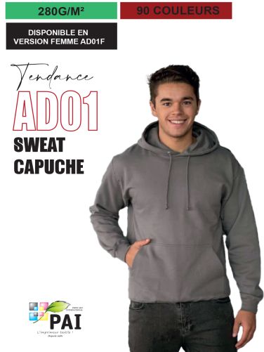 AD01 - Sweat à capuche entrée de gamme - 280g - 87 couleurs